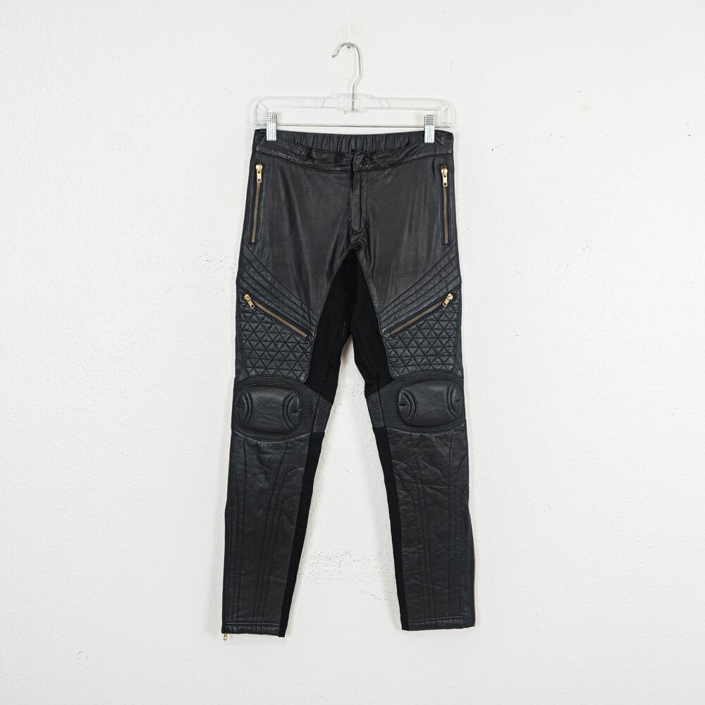 Skingraft Black Leather Moto Pants Quilted Knee Zip Skinny Biker size Small - Picture 2 of 15
